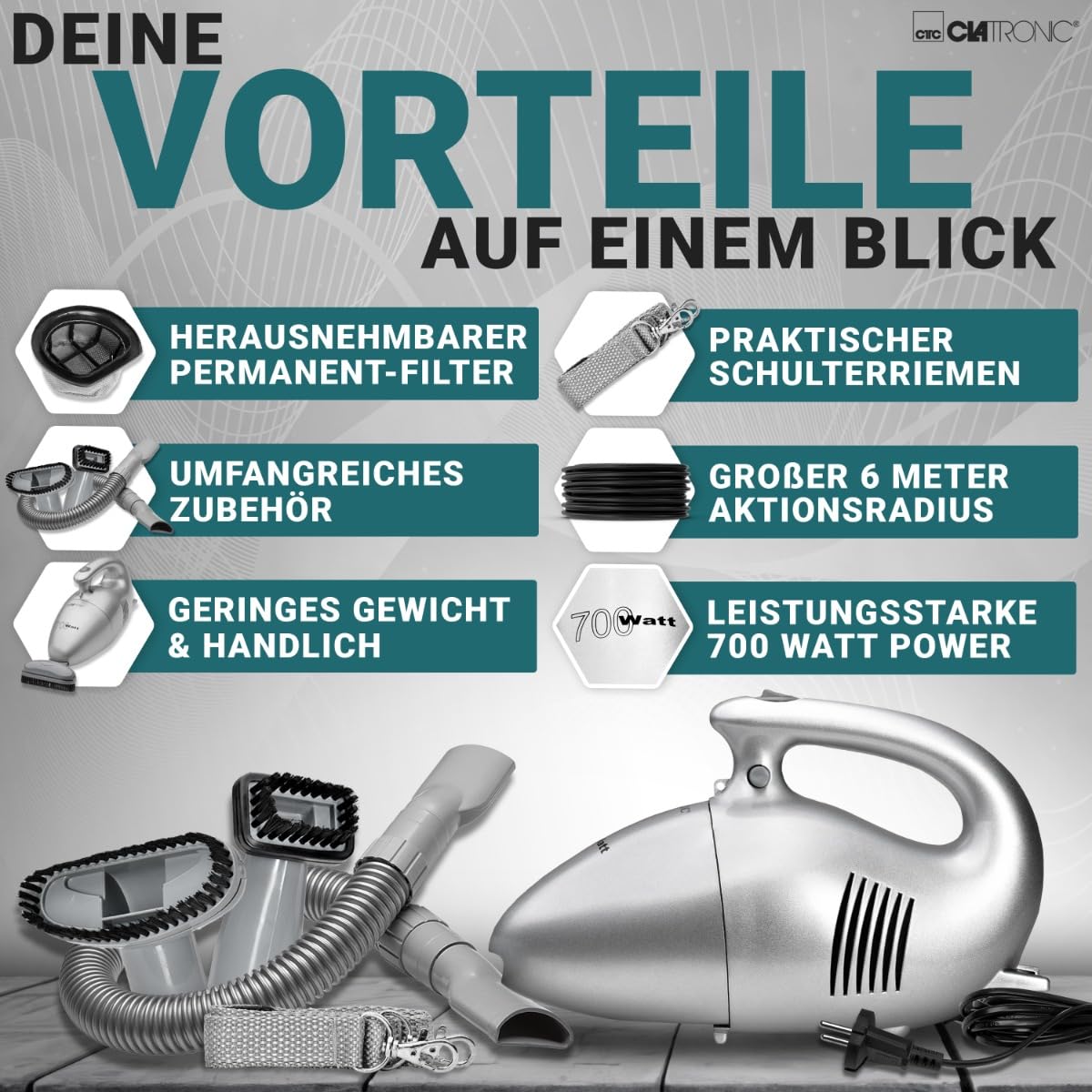 Clatronic Aspirateur à Main | Aspirateur pour aspirer Les Coussins, Les Voitures, Les Ordinateurs, etc. | Vacuum Cleaner avec 6m de câble & Filtre à poussière Permanent | Accessoires Inclus | HS 2631