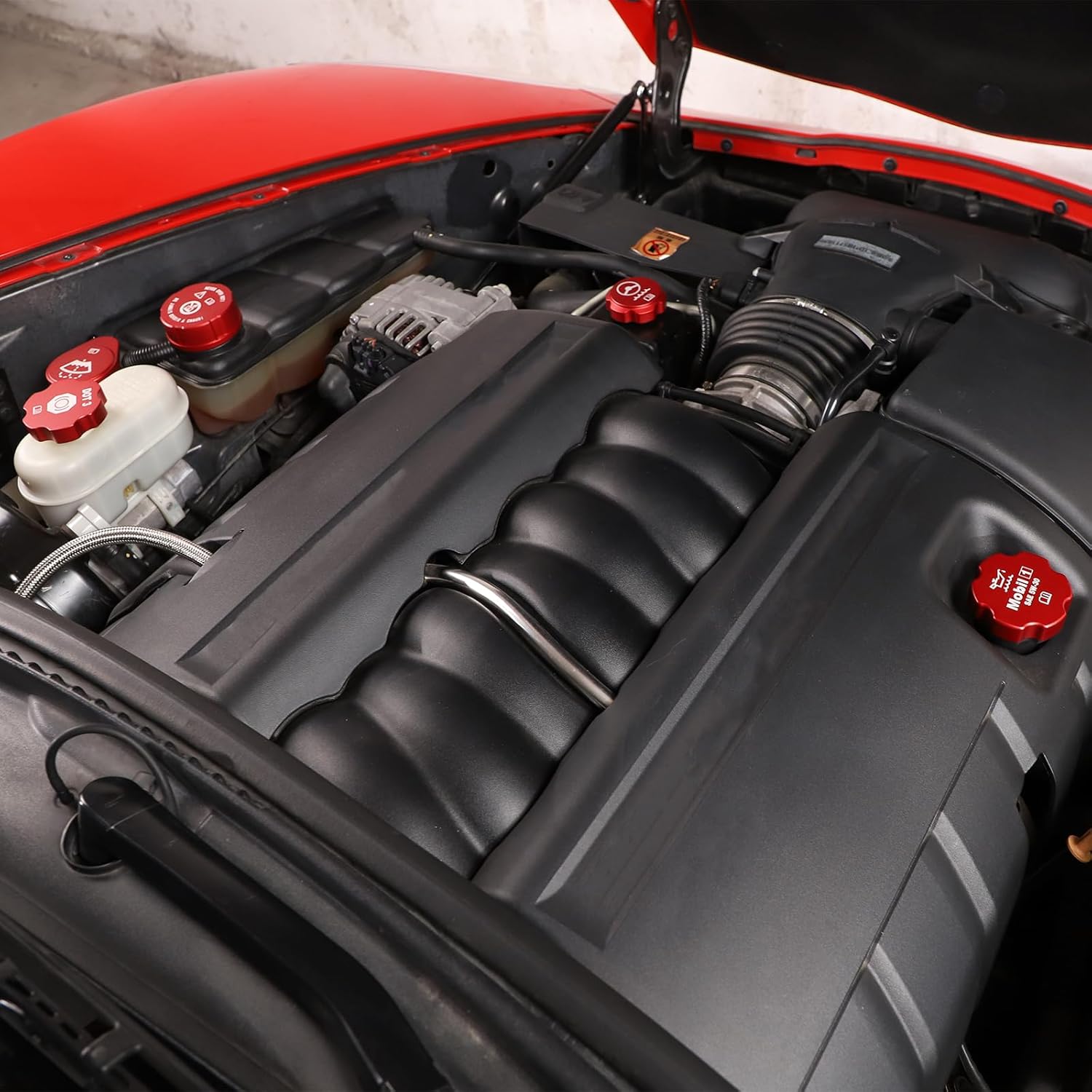 Engine Oil Cap Radiator Cap Washer Cap Brake Fluid Cap Cover Trim Compatible with Chevy Corvette C6 2005-2013, Aluminium Alloy Engine Cap Cover Set C6 Accessories 5PCS (red)