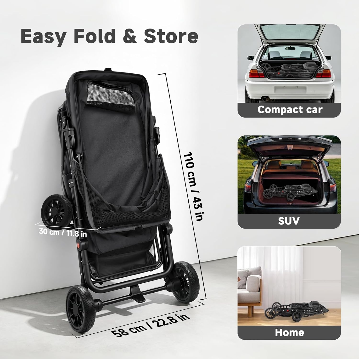 Dog Stroller for Large & Medium Dogs (Up to 66 lbs), Pet Stroller for 2 Small Dogs with Adjustable Handle & Canopy, Sun Shades, Storage Organizer, Oxford Fiber, Foldable & Ventilated