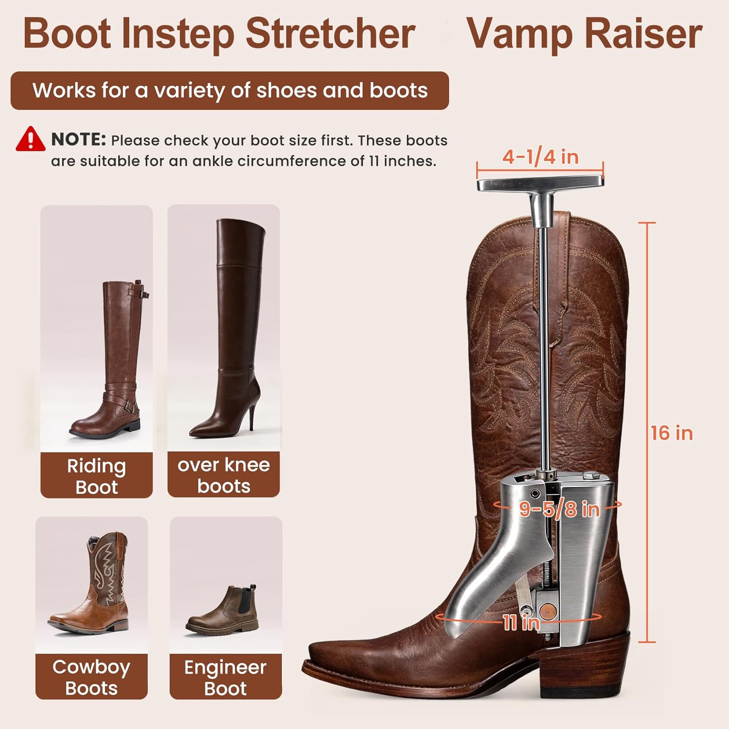 Heavy Duty Metal Boot Instep Stretcher and Vamp Raiser, Adjustable Shoe Stretcher for Men & Women, Relieves Tightness Easily for Multiple Boots, 1 pack