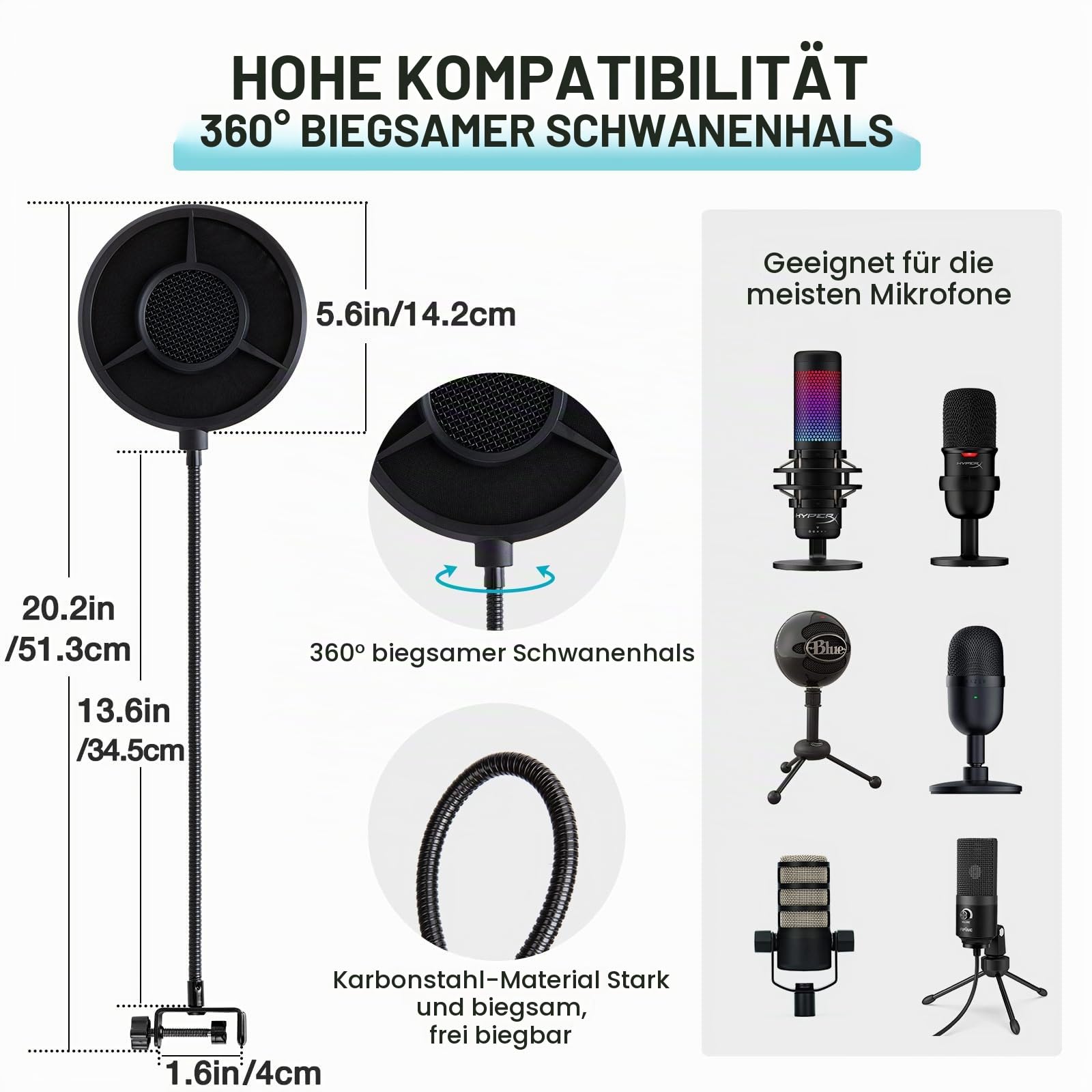 YOUSHARES Popschutz Mikrofon 6-Lagen Pop filter – Mikrofon Popschutz Schallschutz kompatibel mit Blue Yeti, HyperX QuadCast, Razer Seiren und anderen Mic, Metall Windschutz Mikrofon Pop Schutz