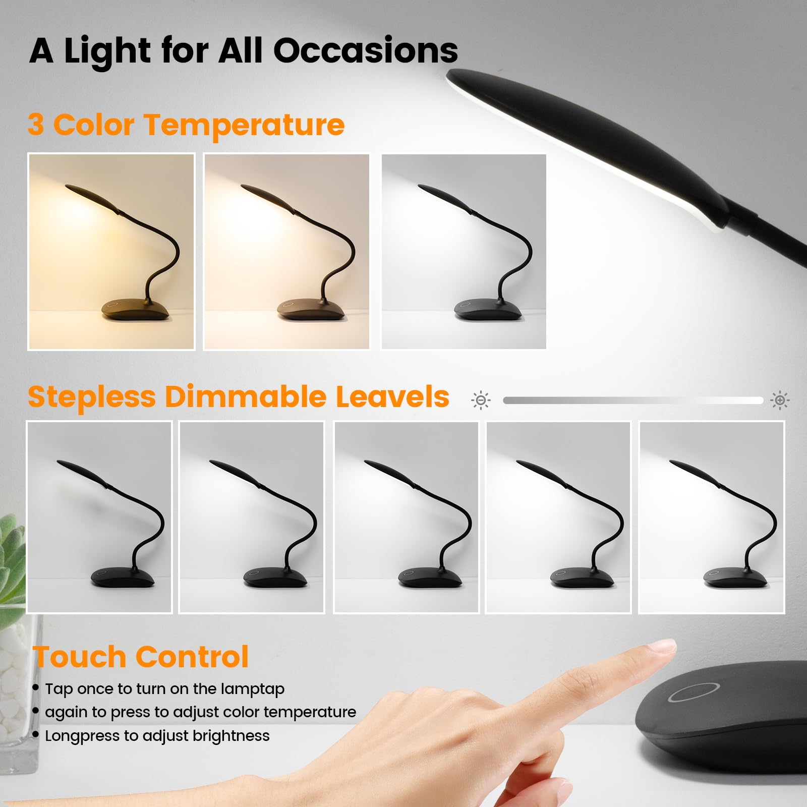 Lámparas de escritorio LED recargables, 3 modos de color, atenuación de control táctil, portátil, batería de 2000 mAh, paquete de 2 (negro)