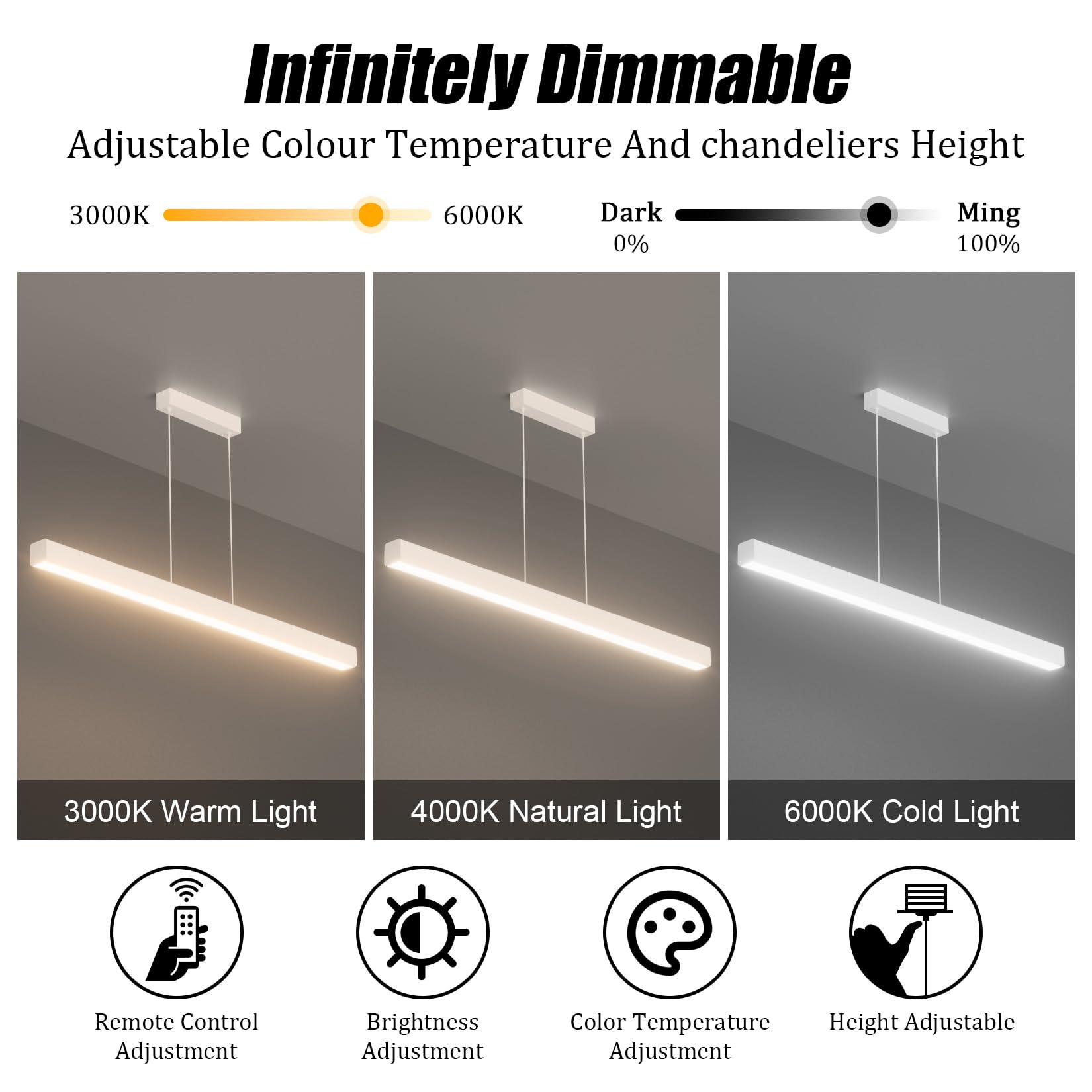Klighten Led Pendelleuchte Esstisch 100cm/36W, 3000K-6000K Dimmbar Hängeleuchte Mit Fernbedienung, lineare Hängelampe, 150cm Höhenverstellbar Deckenleuchte Für Esszimmer Küche, Weiß