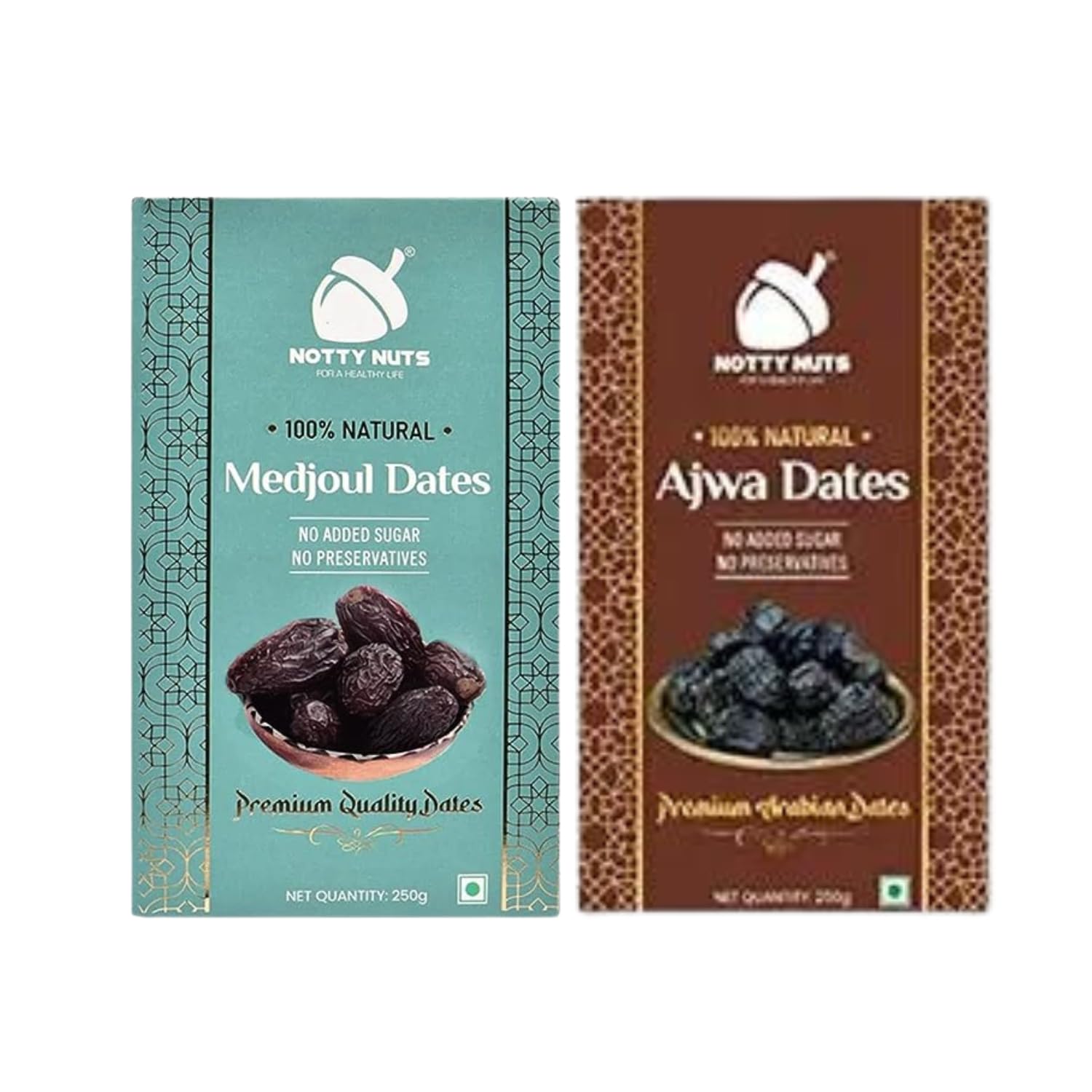 NOTTY NUTS Dry Fruit Combo Pack of Medjool Dates & Ajwa Dates 250gm Each | Jumbo Size Khajur/Khajoor | No Artificial Colours | Naturally Sweet | Premium dates dry fruits Combo (B0CW1QP24L) Amazon Price History, Amazon Price Tracker