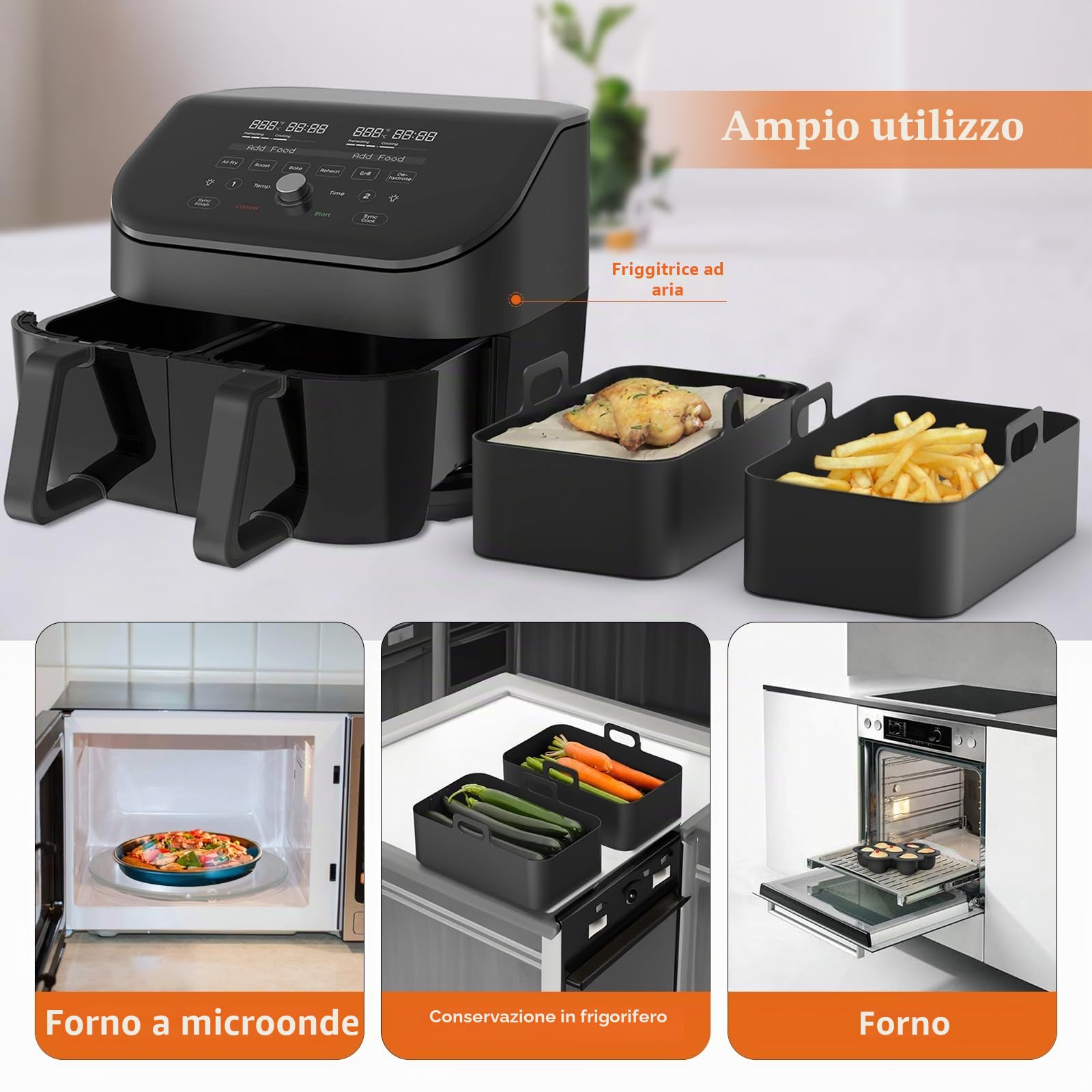 Aoresac Accessori Friggitrice ad aria 5 Inch, 9 pezzi Accessori per Friggitrice con Rivestimento per Friggitrice ad Aria Griglia per Friggitrice ad Aria, Clip per Alimenti, Teglia per Pizza