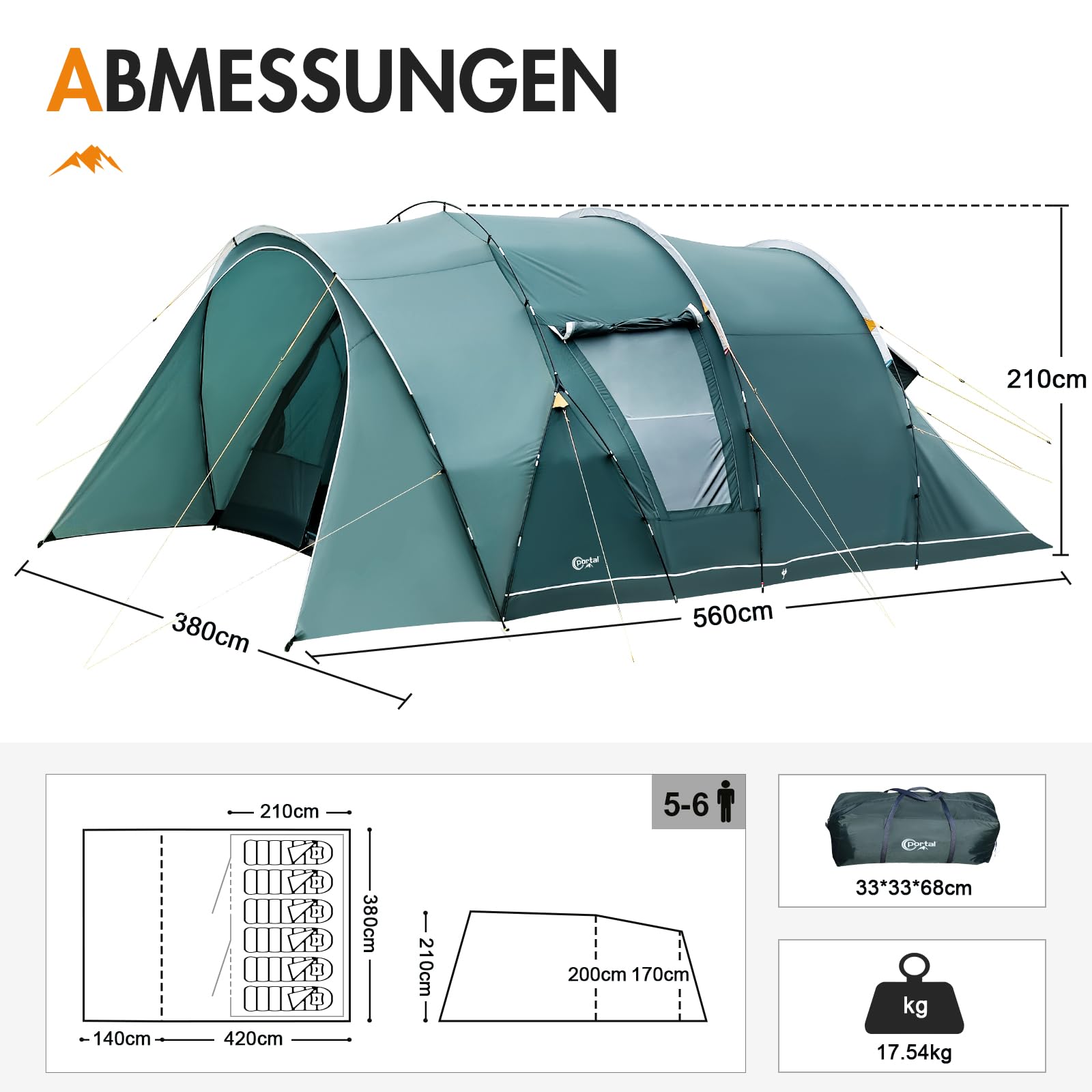 Portal Zelt 5-6 Personen Tunnelzelt Wasserdicht 3000 mm 6 Mann Luxus Campingzelt 2 Schlafkabinen mit Stehhöhe Vorzelt Bodenwanne XXL Groß Familienzelt Gruppenzelt für Camping Reise Trekking Garten
