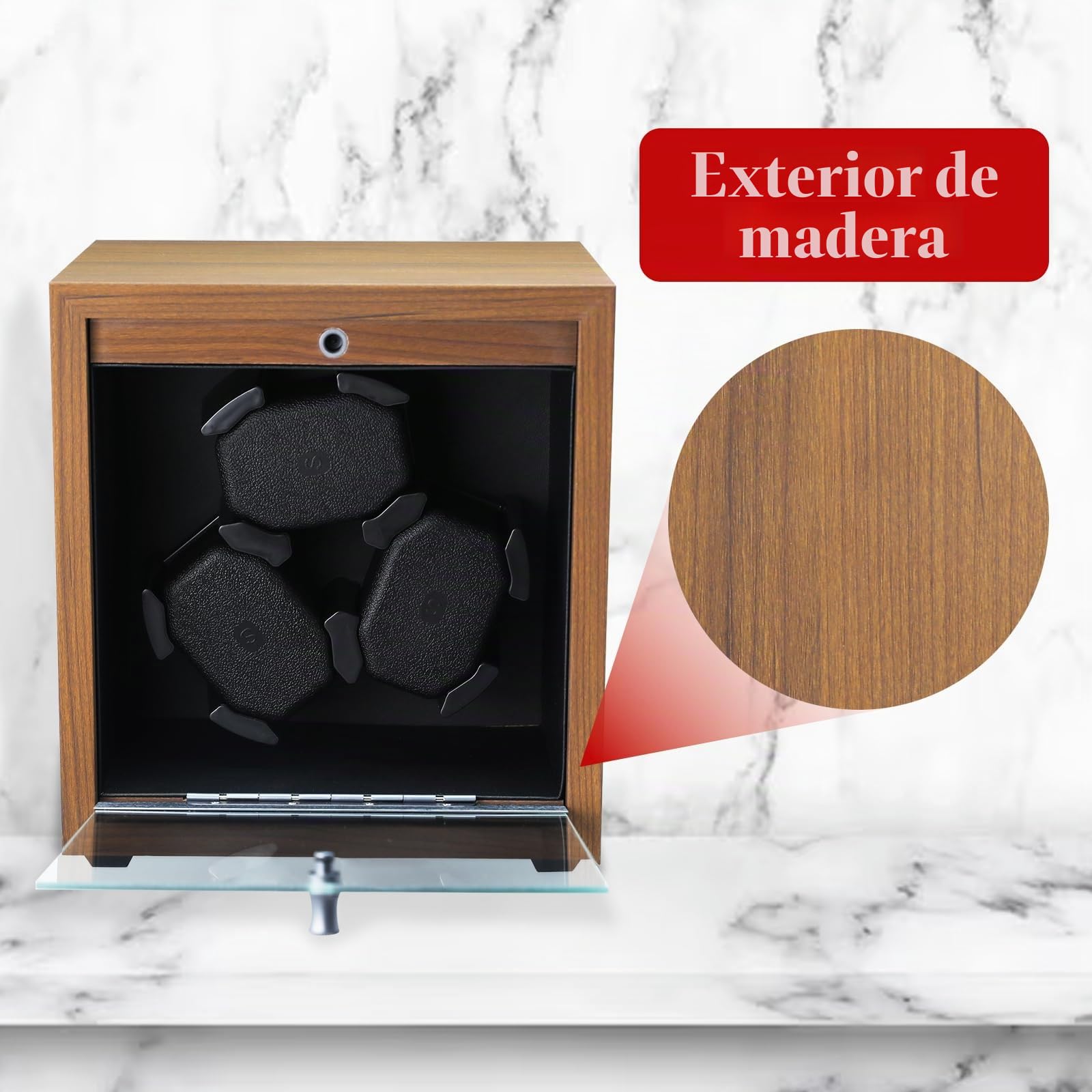 Caja Giratoria para Relojes Automáticos, Caja Giratoria con 3 Relojes Automáticos | 4 Modos de Rotación | Luz LED Azul | Almohadilla de Espuma | Vitrina de Madera, Función de Parada con Tapa Abierta