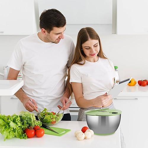 Miniatura 8 de SUSTEAS Centrifugador de Ensalada de Acero Inoxidable Grande, Tazón de Lavado de Verduras, Secador de Frutas y Hierbas con Cortador de 5 Cuchillas y