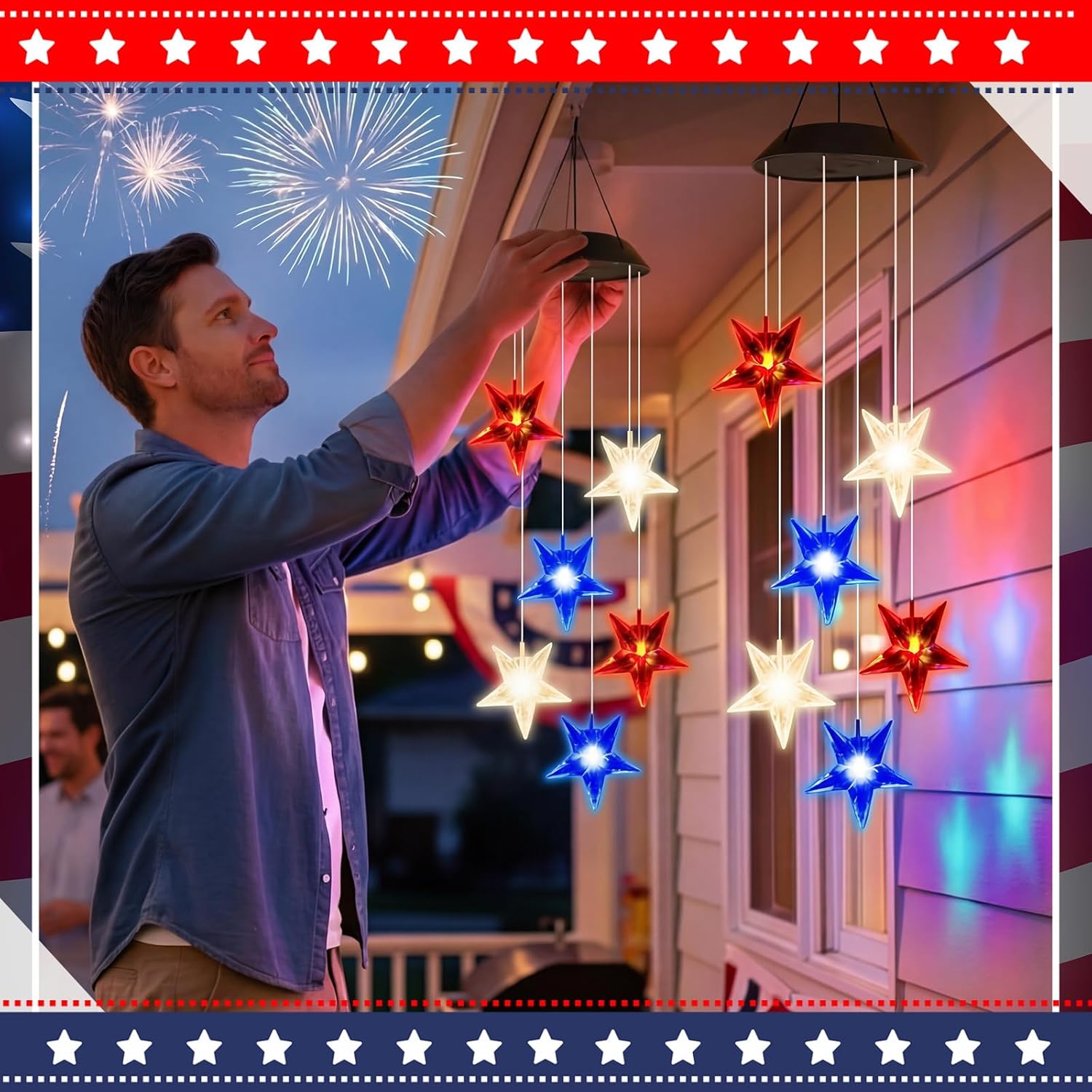 Gerrii 2 Pcs Memorial Day Solar Star Wind Chimes Red White Blue Lights for Outside Mobile Wind Chime Star LED Light Memorial Gifts for Patriotic 4th of July Independence Garden Patio Yard Porch Decor