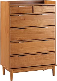 Walker Edison Blythe Mid-Century Modern Tray-Top Solid Wood 6-Drawer Dresser, 30 Inch, Caramel