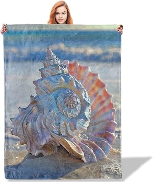 Seashell Coastal Beach Conch Throw Blanket for Women Girls Boys, Soft Flannel Blankets Gifts for Living Room Couch, Home, Sofa Decor, 50"x60"