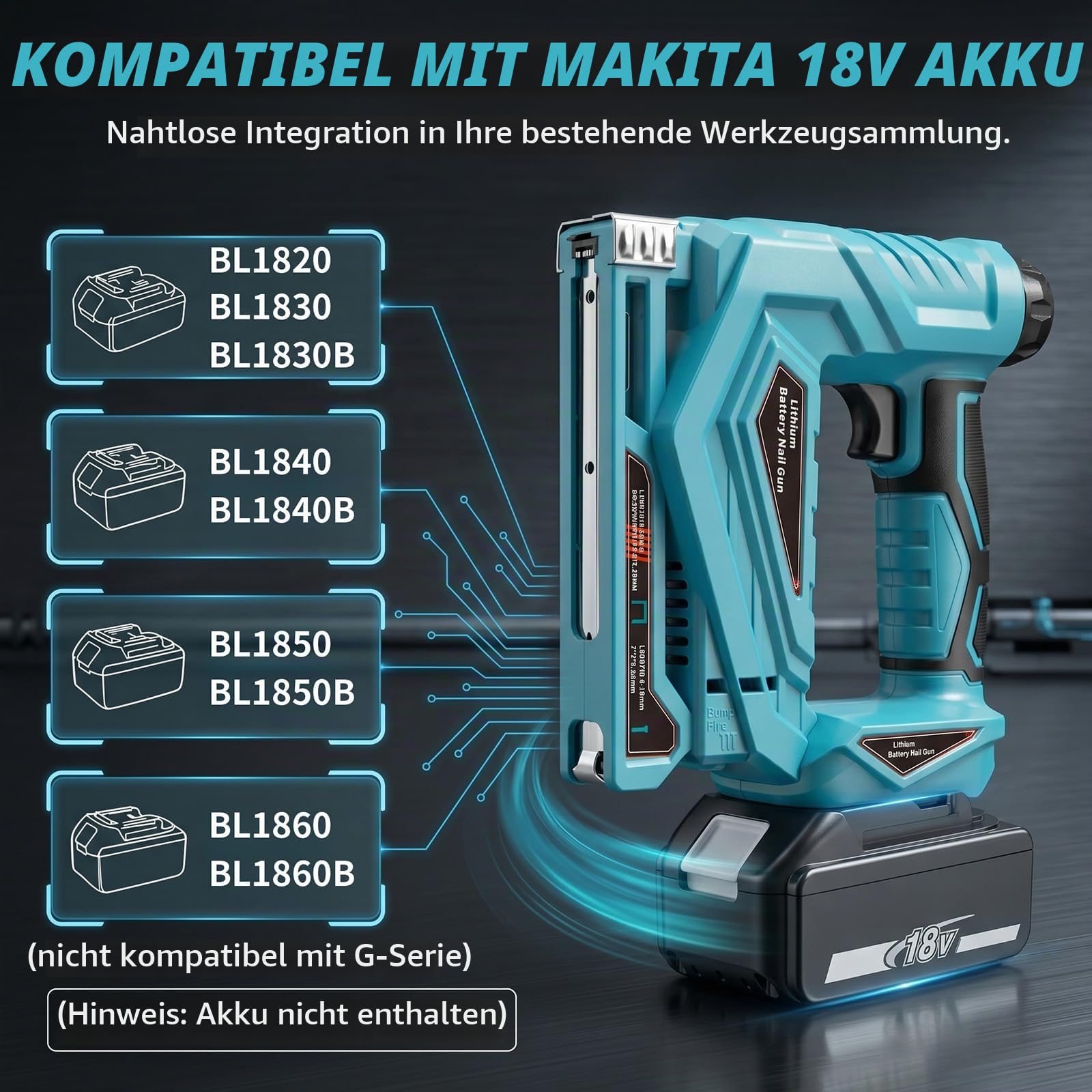 Akku-Nagler Kompatibel mit Makita 18V — 2-in-1 18GA Akku Tacker und Nagelpistole Typ140 mit 150 Schuss/min, inkl. 1000 Nägel & 1000 Klammern, für Möbel, Holz, DIY-Projekte (ohne Batterie)
