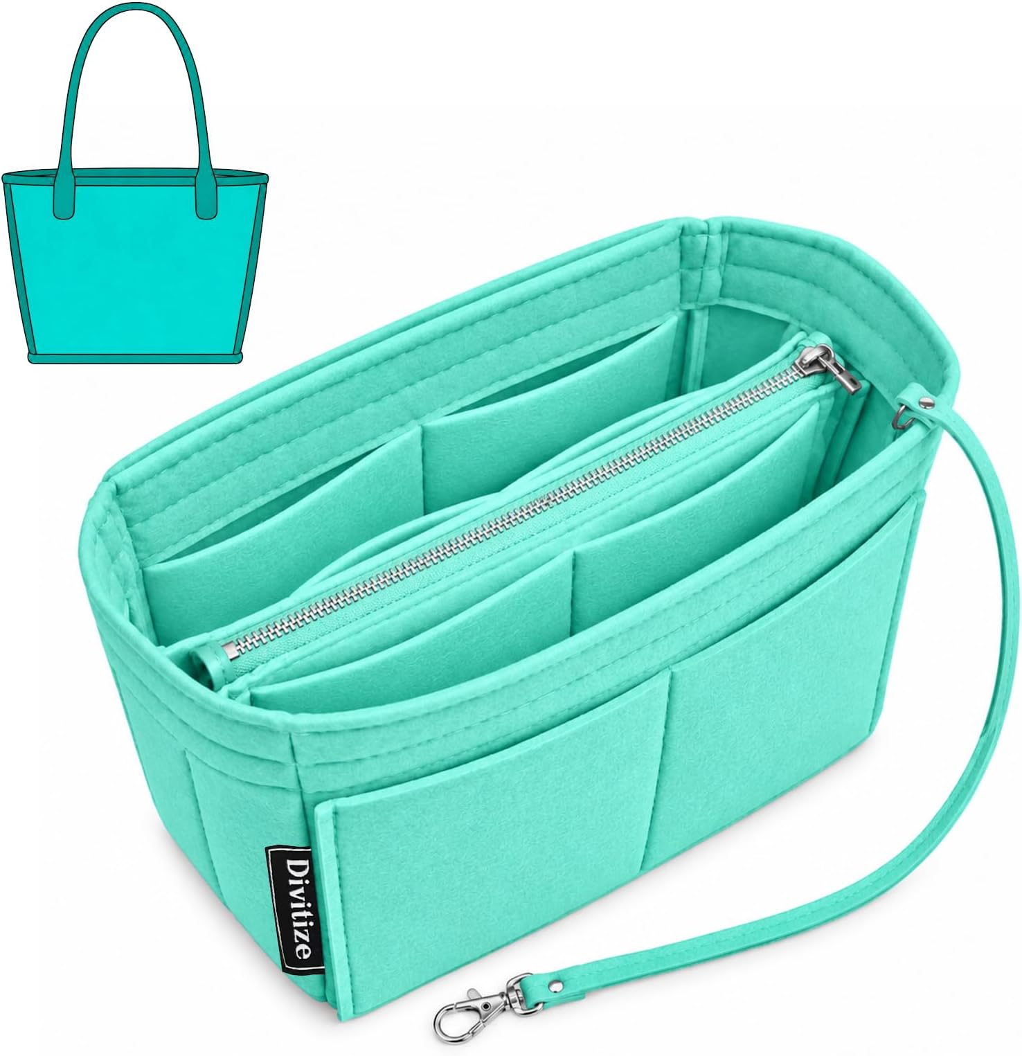 Divitize Premium Purse Organizer compatible with Anjou Mini/PM/GM Bag Insert — with Silver Zip Perfect Fit, Durable Quality Felt, Full Coverage No Bulking, +24 Shades (Mint, For Anjou PM)