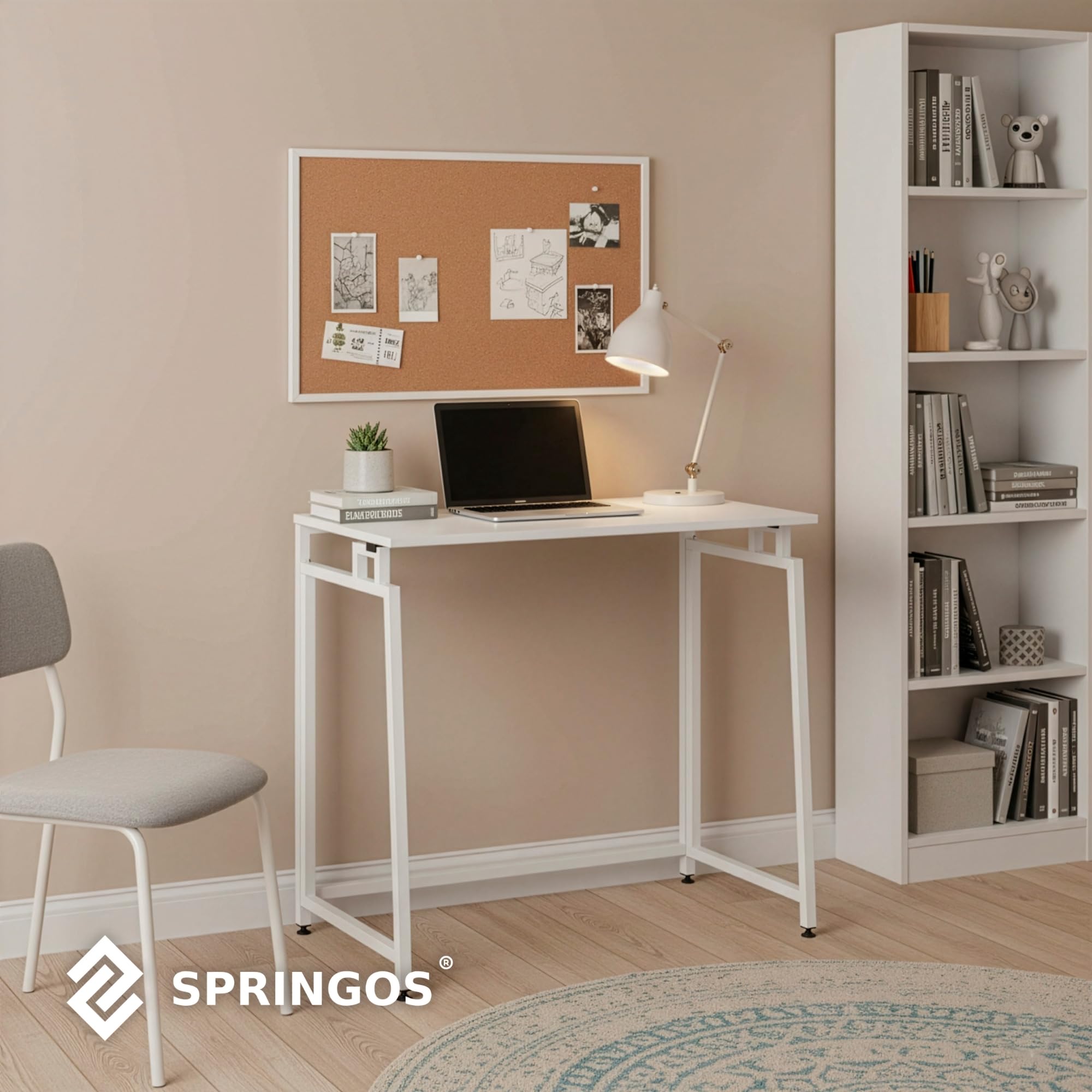 SPRINGOS Scrivania bianca con telaio in metallo e piano in legno, 80 x 40 cm, pieghevole, portata massima 30 kg, piedini regolabili in altezza, facile da montare, moderno tavolo da lavoro