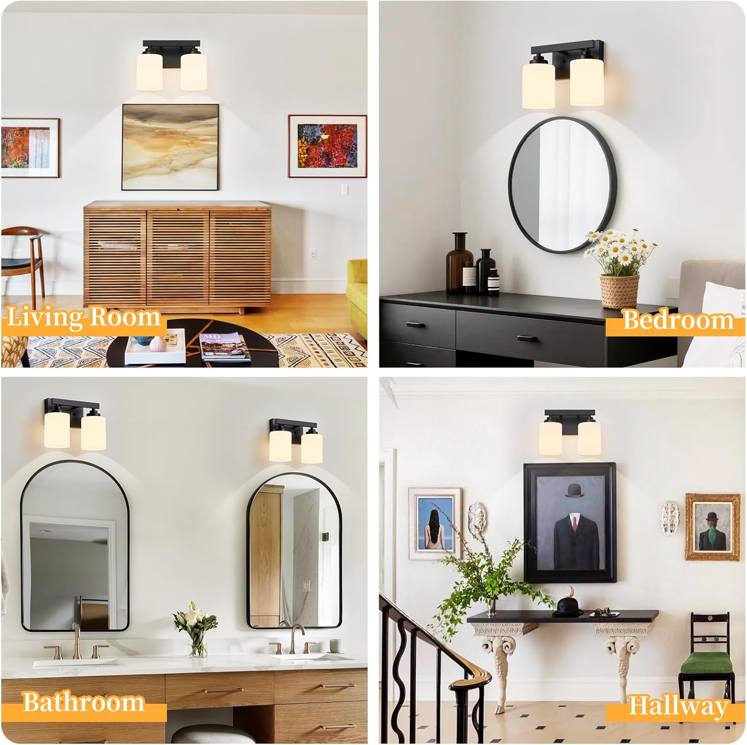 Bathroom Light Fixtures Over Mirror,2-Light Matte Black Wall Sconce Vanity Lights with Milk White Frosted Glass Shades for Bathroom,Vanity Lighting Fixtures for Bath
