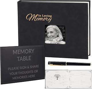 JIMBON Funeral Guest Book with Leather Cover,Cover Can Be Inserted with Images,Funeral Guest Book for Memorial Service 88 Pages,Celebration of Life Guest Book with A Memory Table Sign & Pocket