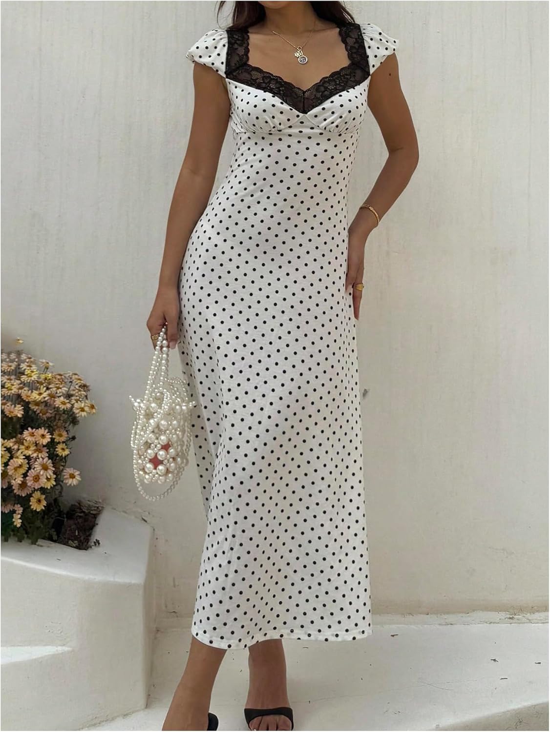 Milumia Women's Polka Dots Lace Trim Maxi Dress Sweetheart Neck Short Sleeve A Line Dresses - Image 5