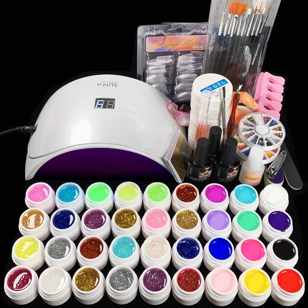 Morovan Gel Nail Polish Kit - 36 Colors Gel Nail Polish with 24W LED Nail Lamp Dryer 3 Colors UV Builder Gel Set Solid Glitter Sequins Colored Gel Polish Top Base Coat Nail Art Tools Gift Box Set