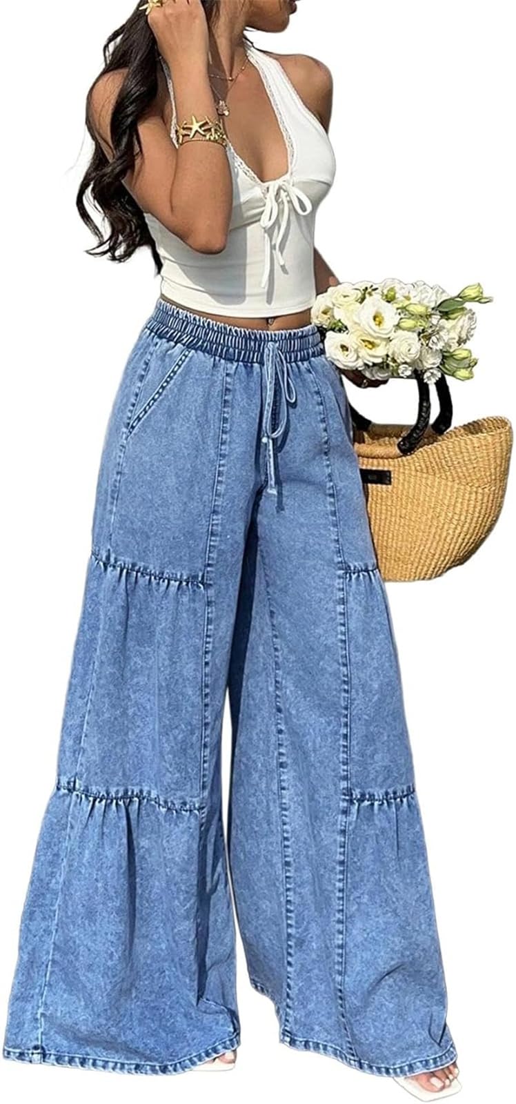 Pantalon Palazzo Femme Jambe Large Jean Flowy en Denim à Volants à Niveaux Taille Haute avec Cordon Poches