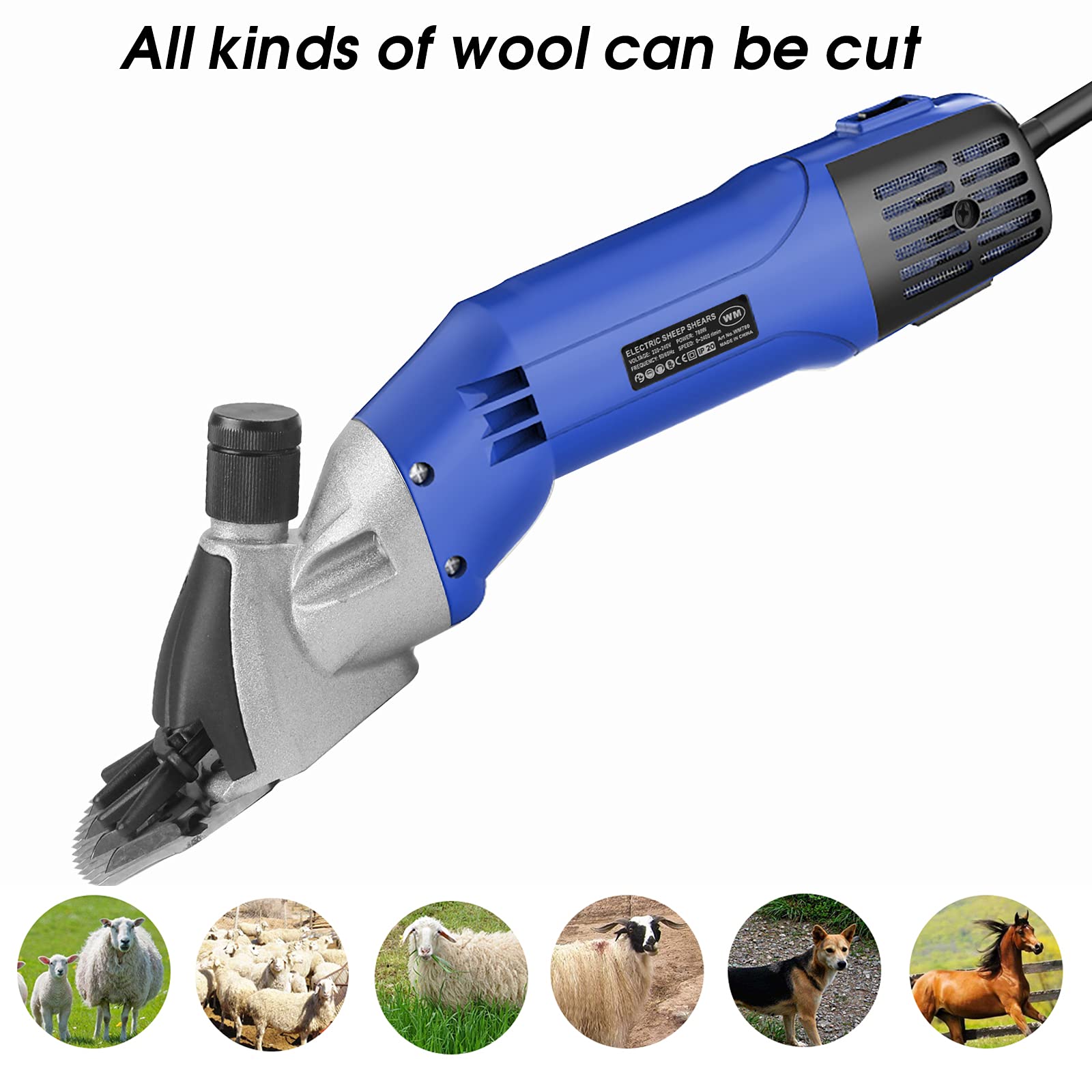 Vinteky Forbici elettriche per pecore, 780W Tosatrici professionali per la toelettatura degli animali Cesoie per capre regolabili Cesoie per lana per Sheep Horse Alpaca (Blu)
