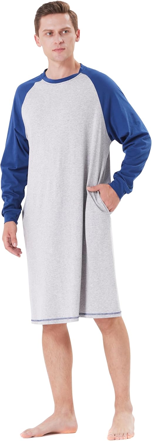 Keyocean Mens Cotton Nightgown Soft Lightweight Long Sleeve Sleepshirt Crew Neck & Pockets Comfortable Lounge Nightwear - Image 5