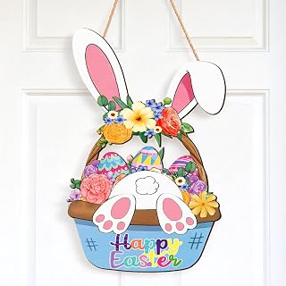Wooden Easter Wreaths for Front Door - Happy Easter Rabbit Basket Wreath Door Sign with Eggs Flowers,Framhouse Easter Hanging Decoration Welcome Door Wreath for Spring,Home,Wall,Window,Porch