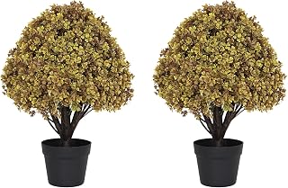 24" Artificial Boxwood Fall Topiary Trees, Faux Plants Outdoor Set of 2 | 2ft UV resistant fake bushes, look real autumn shrubs, low maintenance display, front porch outside planter backyard decor