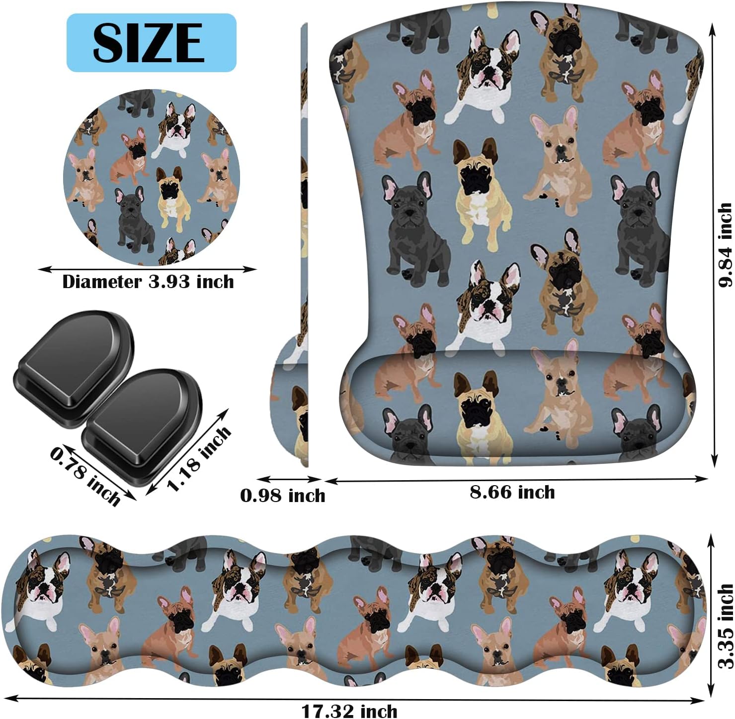 Keyboard Wrist Rest + Mouse Wrist Rest + Coaster + Invisible Hook Set, Ergonomic Mouse Pad, Wrist Pain Relief and Non-Slip Base Design, Suitable for Office and Home, French Bulldogs