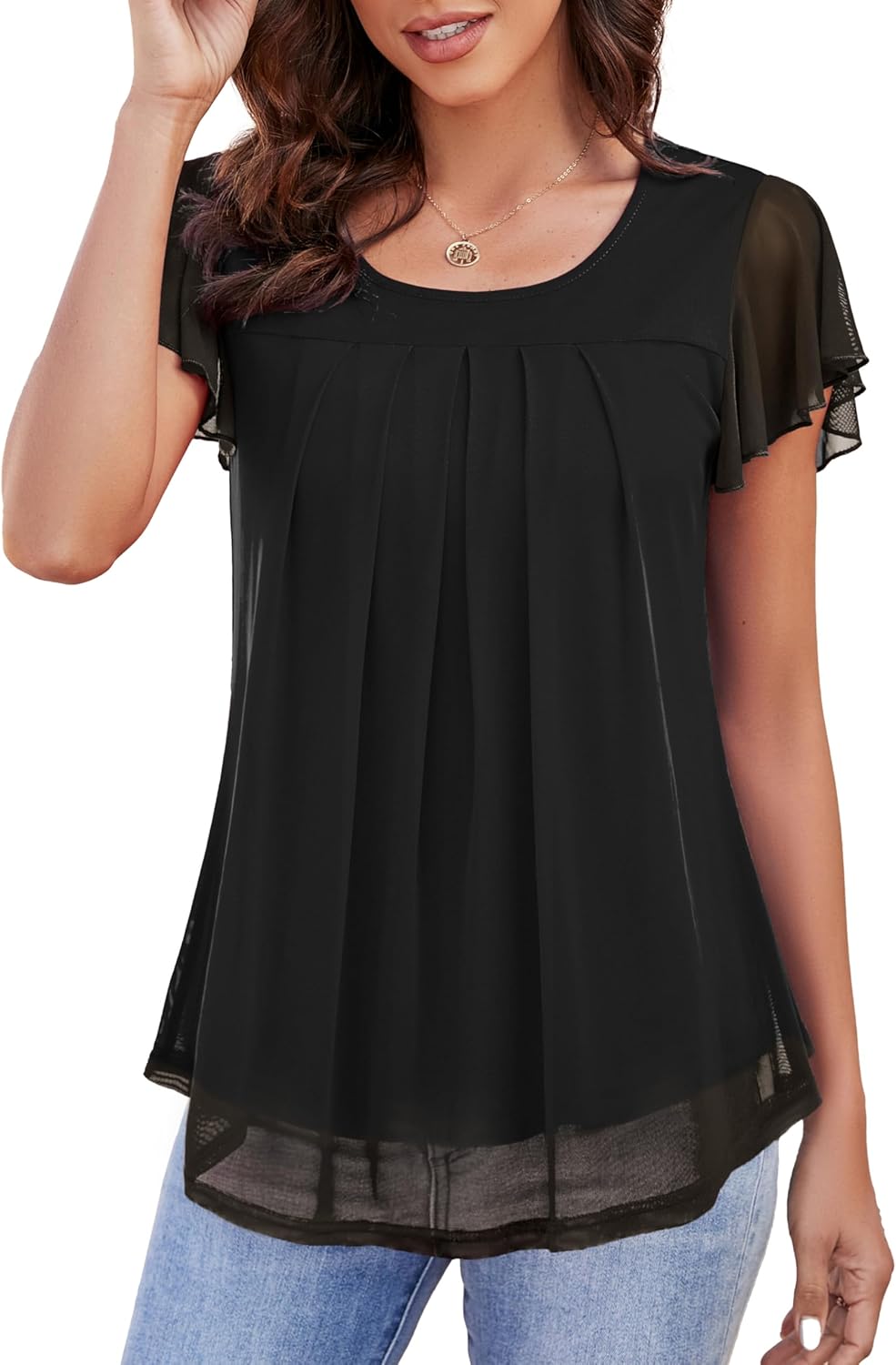 WANGZHI Womens Short Ruffle Sleeve Mesh Tunic Casual Crew Neck Pleated Tops Loose Flowy Blouse Summer Shirt 2025