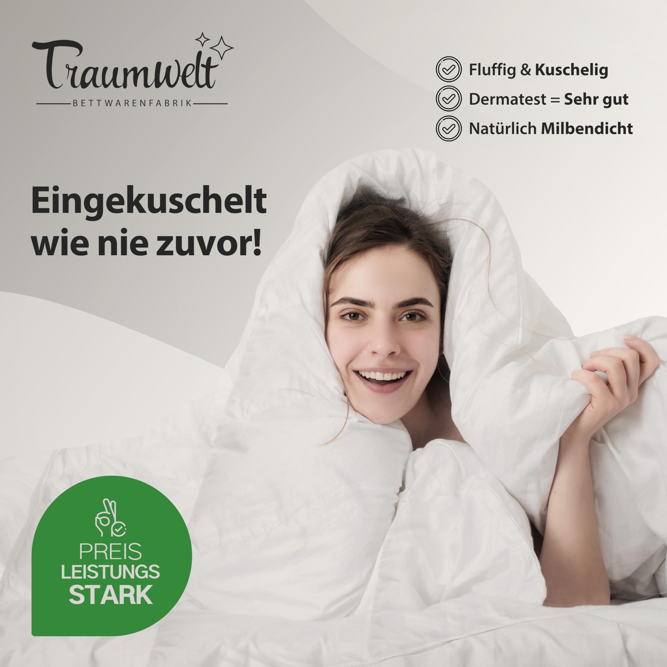 Taumwelt Natur Made in Germany Bettdecke 240x220 cm, Daunenalternative mit Primaloft Bio Mikrofasern-Füllung, für alle Jahreszeiten, Füllgewicht: 1220g, weiß, Allergiker geeignet, Öko-Tex 100