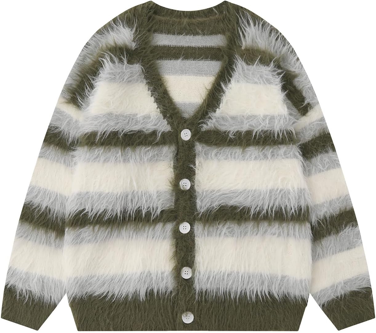 Bakyarder Men's Color Blocking Striped Fuzzy Cardigan Casual Vintage Oversized Button Down Knit Sweater