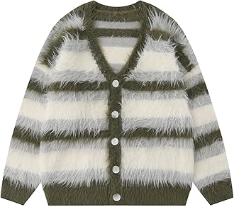 Men's Color Blocking Striped Fuzzy Cardigan Casual Vintage Oversized Button Down Knit Sweater