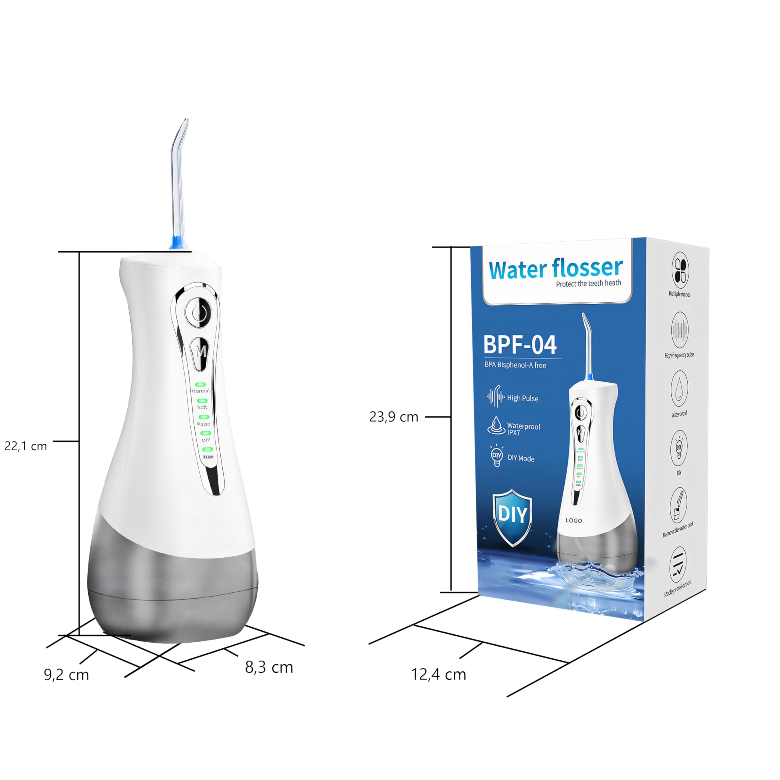 Retoo Irrigatore orale senza fili, 4 modalità, 7 ugelli, IPX7, pulitore elettrico per denti, serbatoio dell'acqua da 300 ml, per rimuovere residui di cibo, ricaricabile,