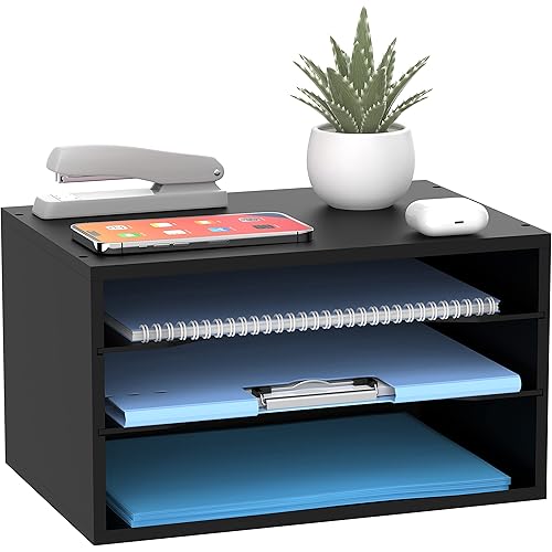 3-Tier Paper Organizer for Desk, Wood Desktop Organizer with Adjustable Letter Tray, Mail Sorter for Office School & Home, Black