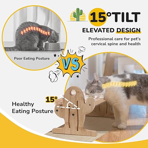 Miniatura 2 de Cuencos elevados para gatos con forma de cactus, cuencos inclinados para gatos con 2 cuencos de vidrio y alfombrilla antideslizante para alimentos y
