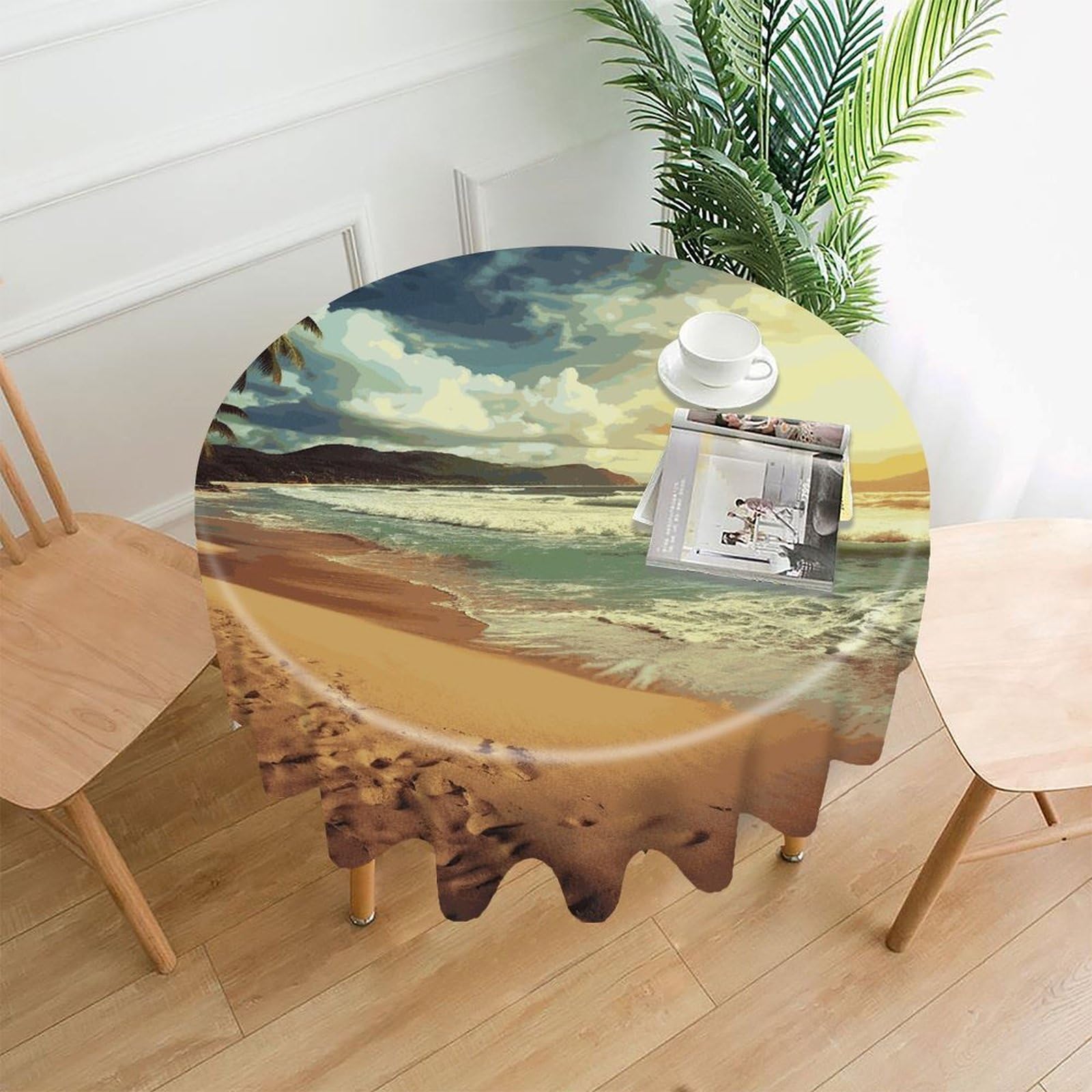 FekiLoot Sunset on The Beach Round Tablecloth Cover 60 Inch Wrinkle Free Washable Polyester Fabric Table Cover Decorative Round Table Cloth for Home Dining Kitchen Party Farmhouse