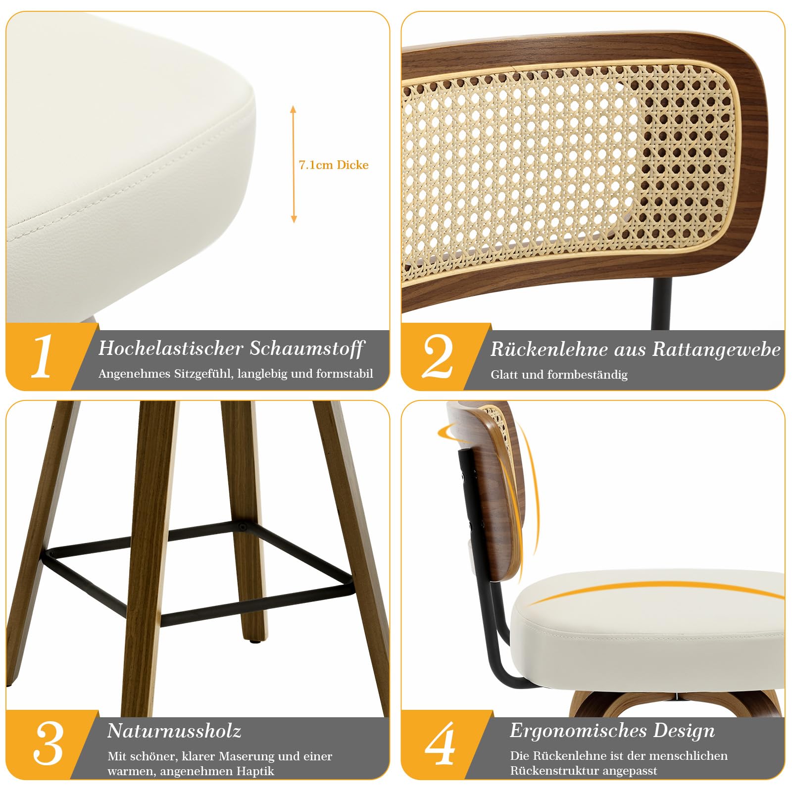 Bekrvio Juego de 2 taburetes giratorios de bar, altura de asiento 65 cm, con respaldo, tapizados en cuero PU y patas de madera de nogal, taburete de mostrador de estilo mid-century con reposapiés de