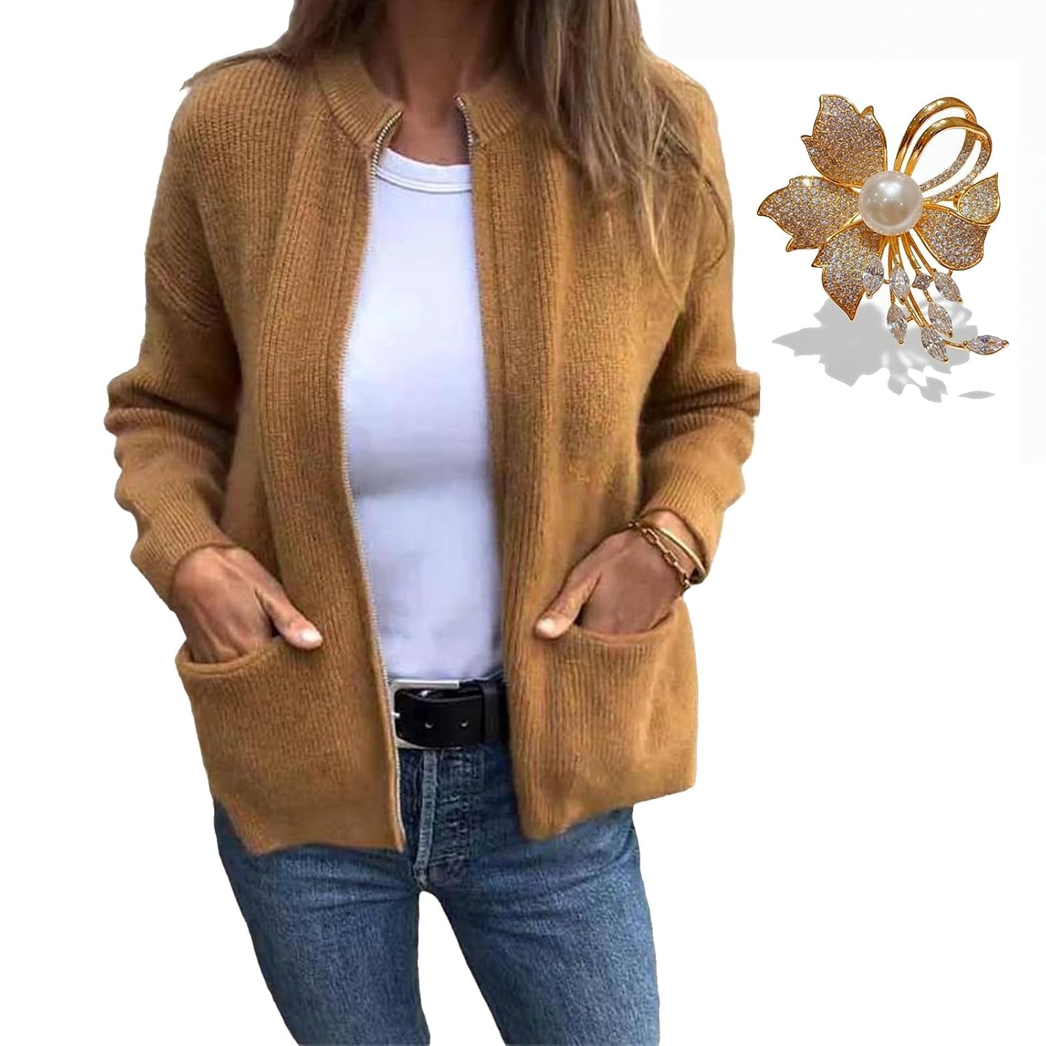 2025 Womens Round Neck Zipper Knitted Jacket Knitted Zip Up Sweater Zipper Cardigans for Women with Pockets