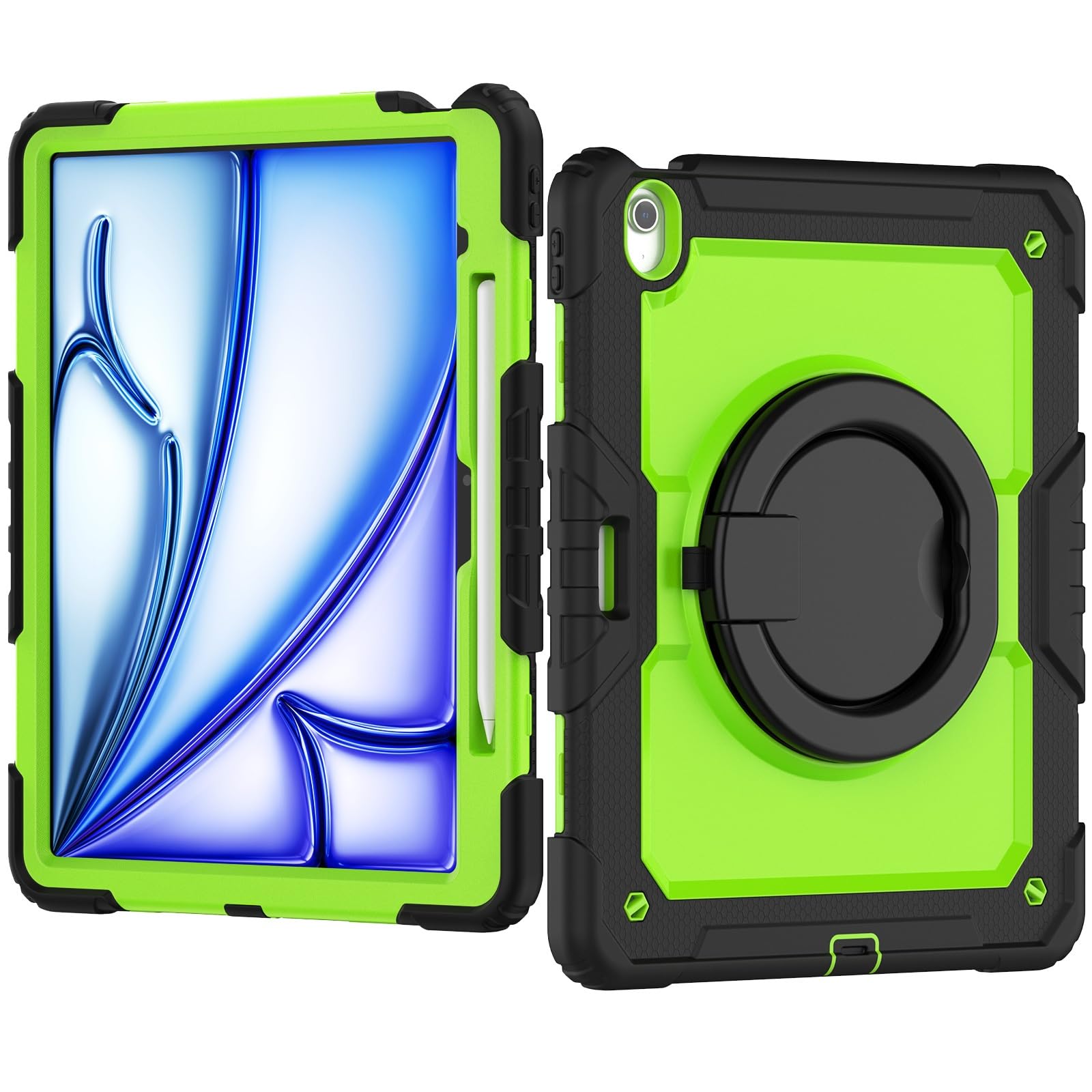 Kompatybilny z iPad Air 13 cali M2 2024 Etui ochronne na całą obudowę uchwytem ołówek i ochraniaczem ekranu, wytrzymała, solidna obudowa obrotowym silikonowym(Yellow Green 2)