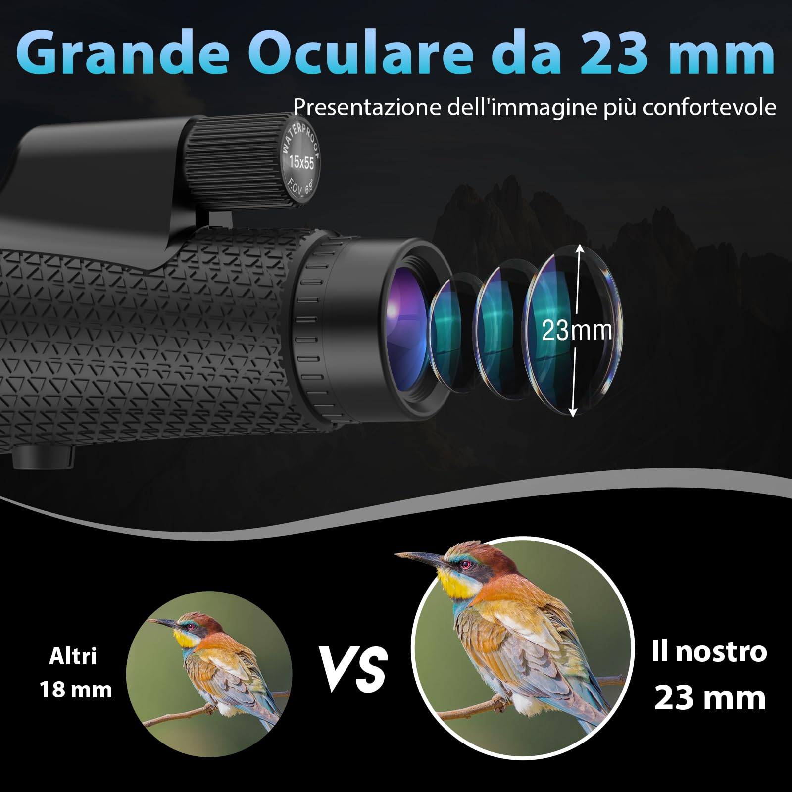 Sogries Monocolo 15x55 con Treppiede e Adattatore Smartphone | Prisma BAK4 e lenti FMC | Obiettivo 55 mm luminoso | Rotazione 360° | Design antiscivolo | Cinturino da polso incluso