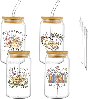 Glass Cups with Lids and Straws, 4Pack, 16oz, Bookworm Book