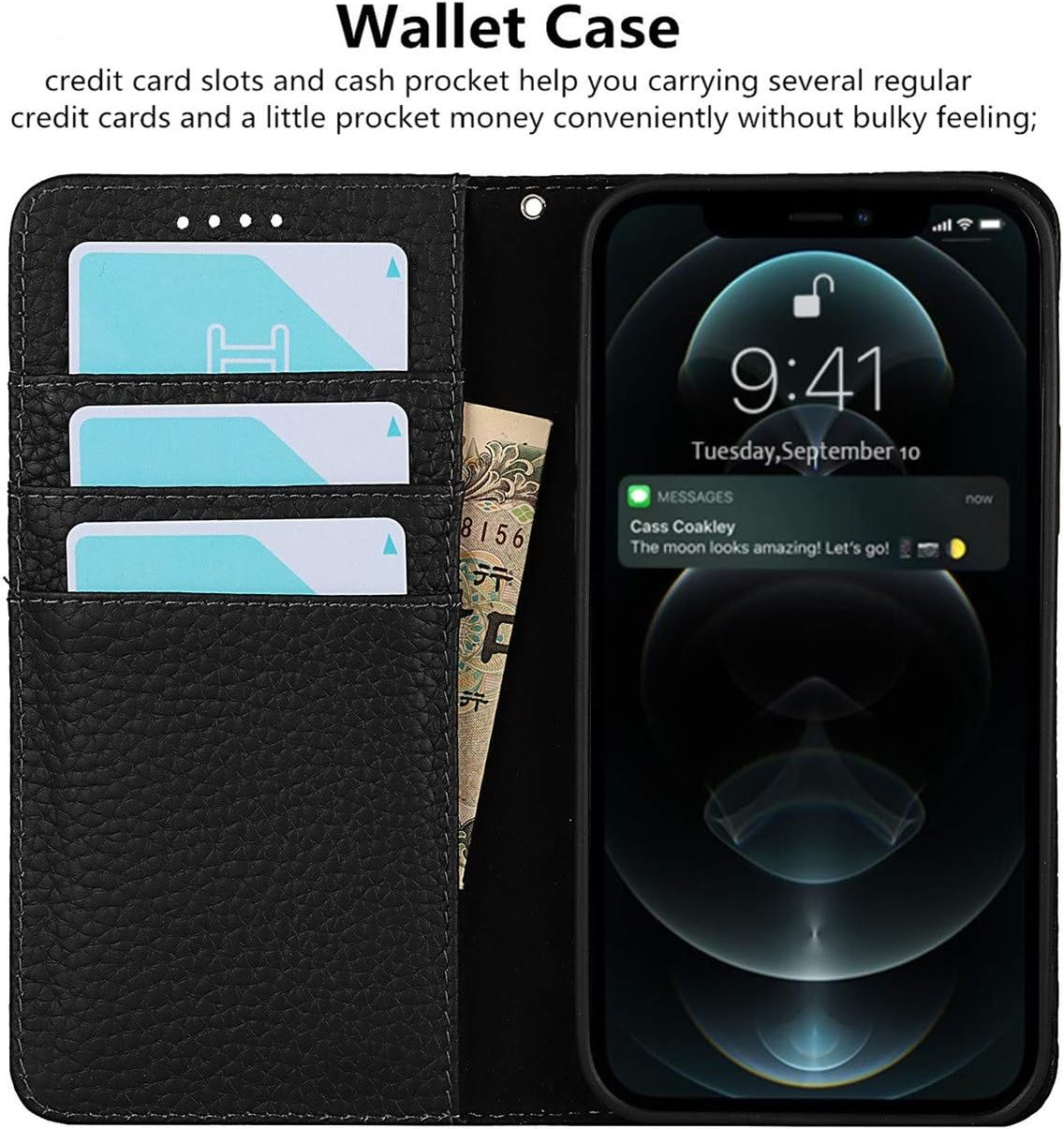 iCoverCase Compatible with iPhone 13 Pro Wallet Case with Credit Card Holder and Wrist Strap, RFID Blocking Genuine Leather Flip Magnetic Phone Cover 6.1 Inch (All Black)
