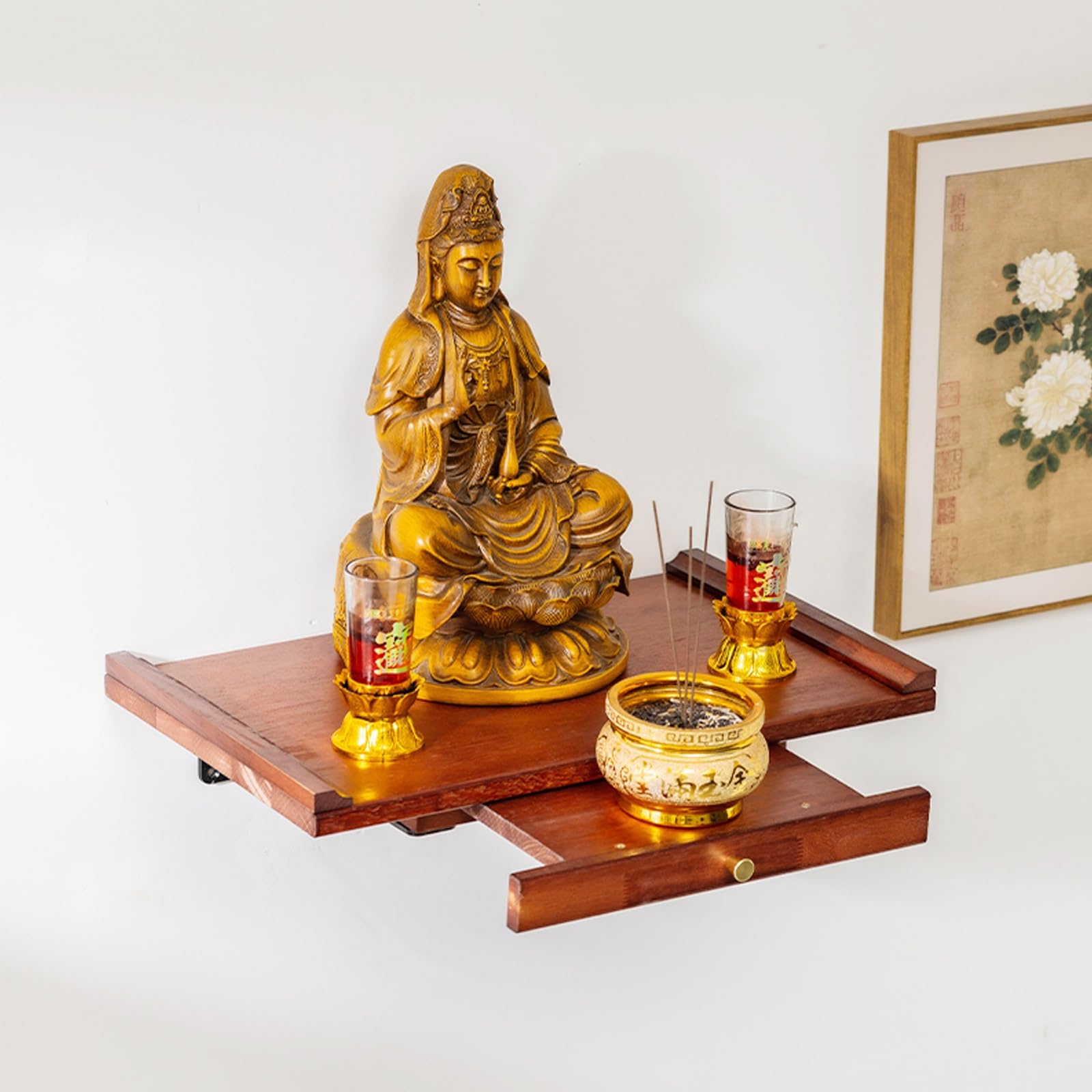 JNTFNE Buddha Altar Shelf Stand Wooden Wall Rack,Wall-Mounted Statue Shrine Table,Alter Cabinet For Witch Wiccan Buddhist Prayer Riser(40 * 30 * 33cm/15.7 * 11.8 * 12.9in)