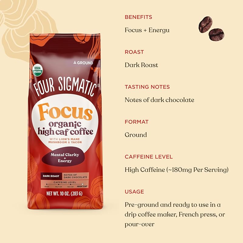 Four Sigmatic Organic High Caffeine Lion's Mane Ground Coffee, 10 OZ 10 Ounce (Pack of 1)