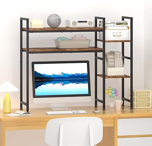 Miniatura 6 de DOMYDEVM Estantería de escritorio, estantería de escritorio para computadora, estantería multiusos de 2 niveles, estante de escritorio marrón para