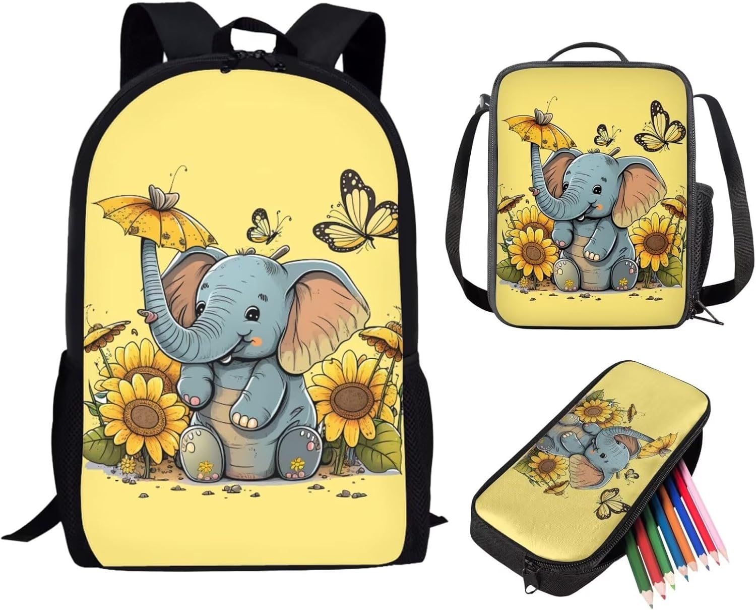 Showudesigns Elephant Backpack for Girls 7-8/8-10 Sunflower Bookbag Backpack Set With Lunch Bag and Pencil Case Kids School Bag Elementary Middle School Bookbags 17inch Cute Back Pack Yellow