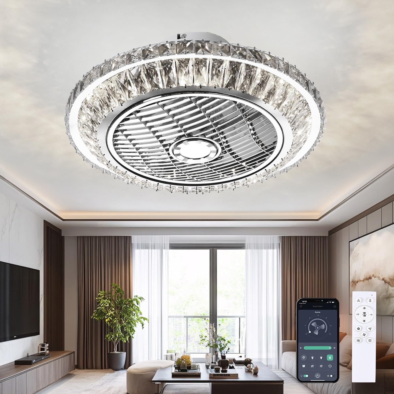 Ceiling Fan with Lamp, Crystal Ceiling Fan with LED Light, 72W Modern LED Dimmable Ceiling Light,Adjustable Wind Speed, with Remote Control,Restaurant Bedroom Decoration Indoor Fan Lighting (A)