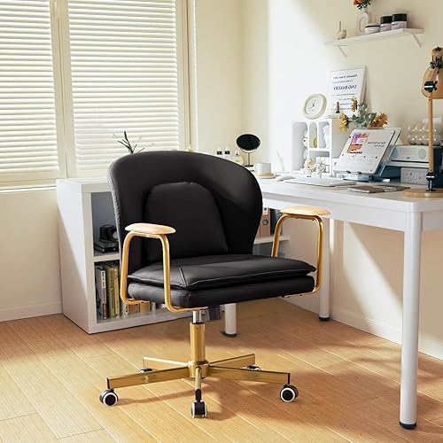 Miniatura 8 de Furniliving Sillas de oficina de cuero, silla de oficina dorada, silla giratoria ajustable para computadora con patas doradas y reposabrazos