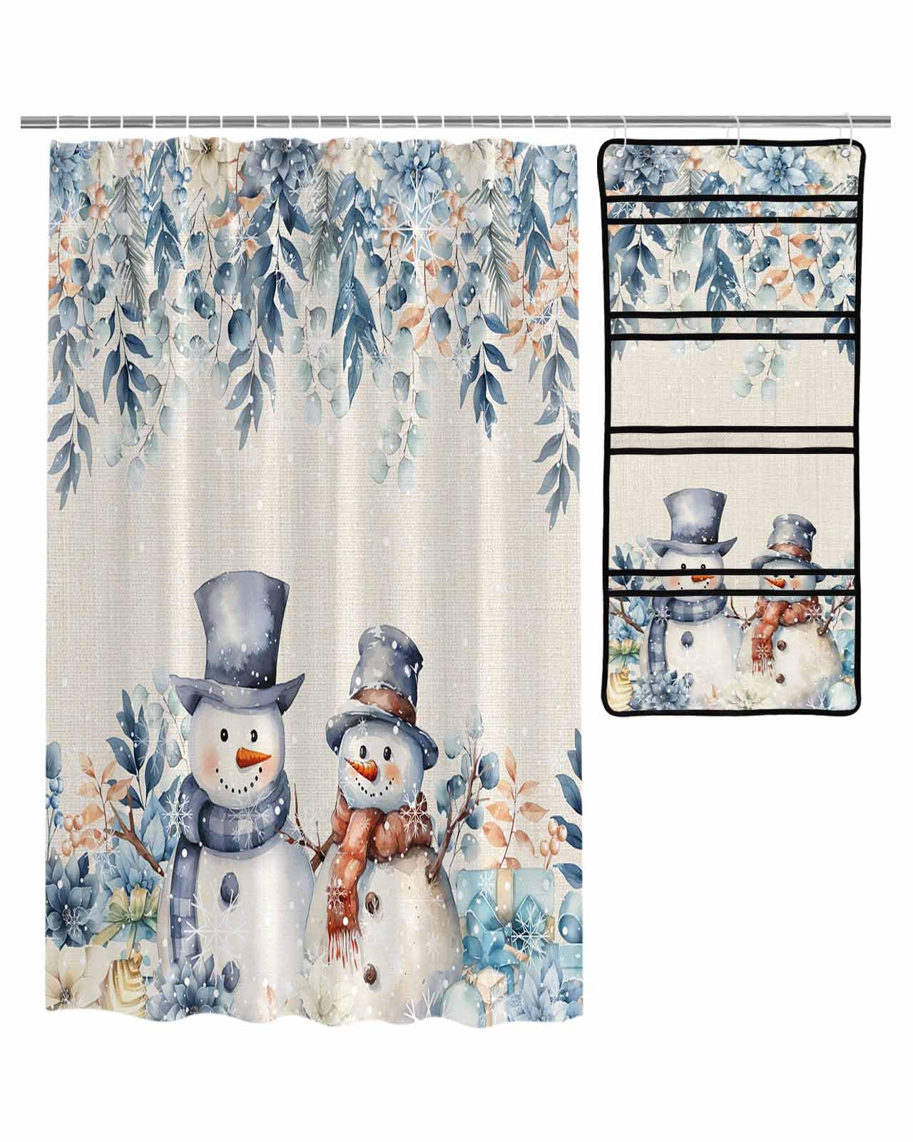 Shower Curtain Mesh Shower Organizer Hanging Set Blue Christmas Snowman Gift Flower Holly Eucalyptus Linen Waterproof Shower Curtains