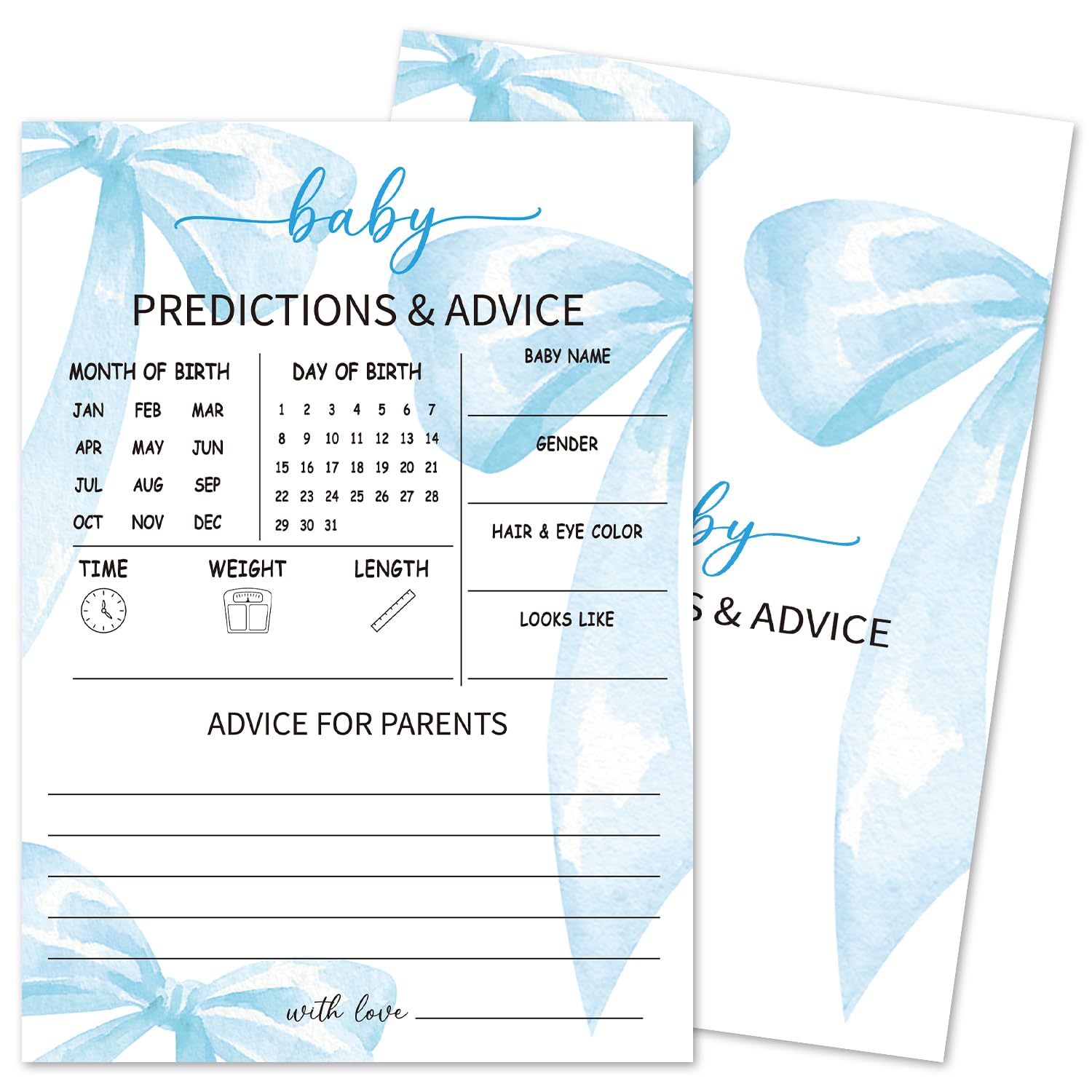 Baby Predictions & Advice Game Cards, 30 Blue Bow Baby Shower Game Cards for Guests, Baby Announcement Gender Reveal Party Games Supplies & Activities